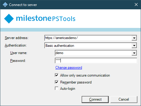 Output from the Connect-ManagementServer command with the ShowDialog switch