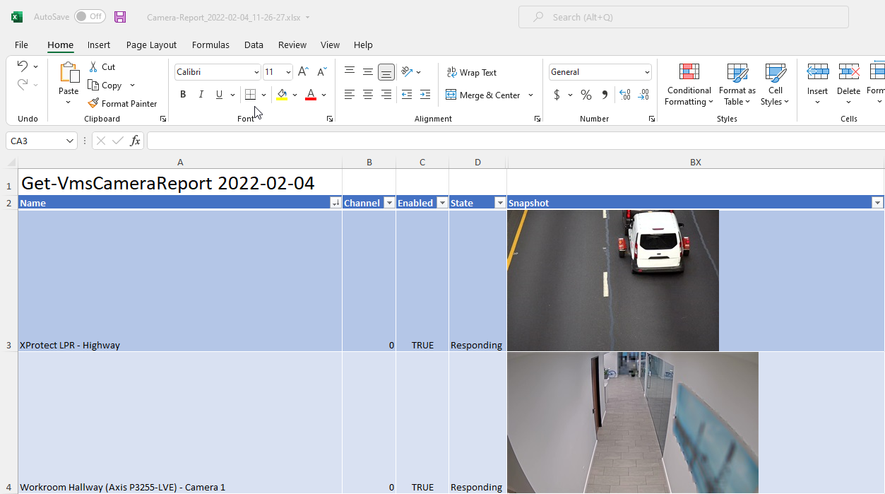 Screenshot of an Excel document showing the output from Get-VmsCameraReport with snapshots