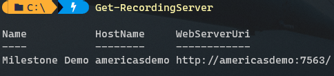 Output from the Get-VmsRecordingServer command in a PowerShell terminal