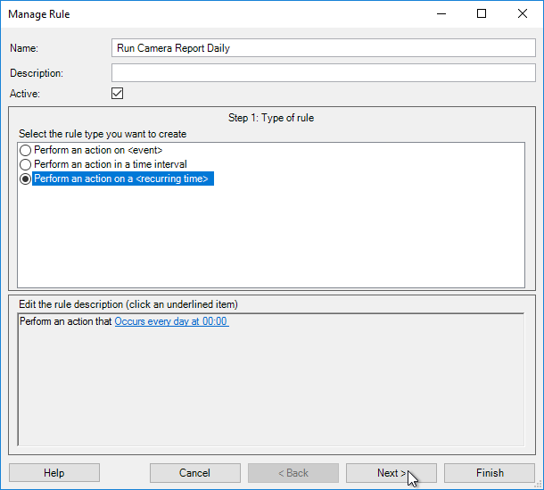 Screenshot of Add-Rule dialog in Milestone XProtect Management Client - Step 1