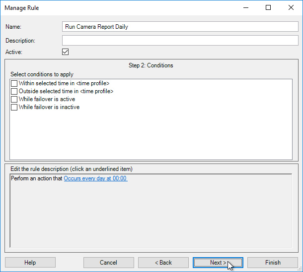 Screenshot of Add-Rule dialog in Milestone XProtect Management Client - Step 2