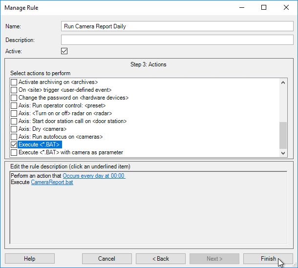 Screenshot of Add-Rule dialog in Milestone XProtect Management Client - Step 2