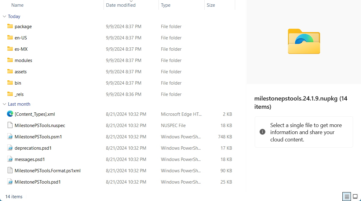 MilestonePSTools nupkg file contents screenshot