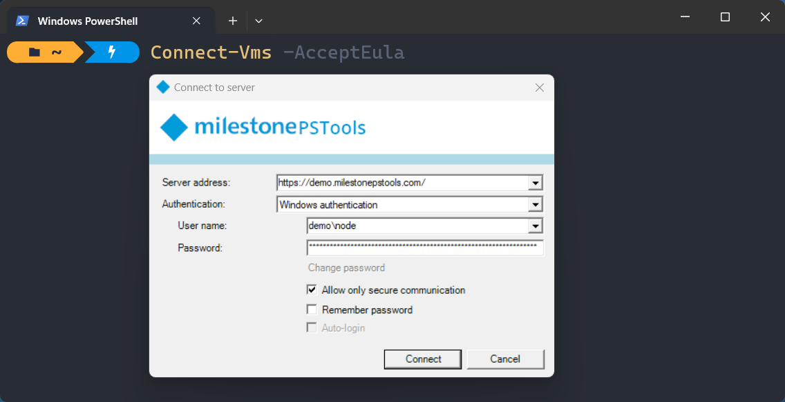 Screenshot of the Connect-ManagementServer command with a login dialog