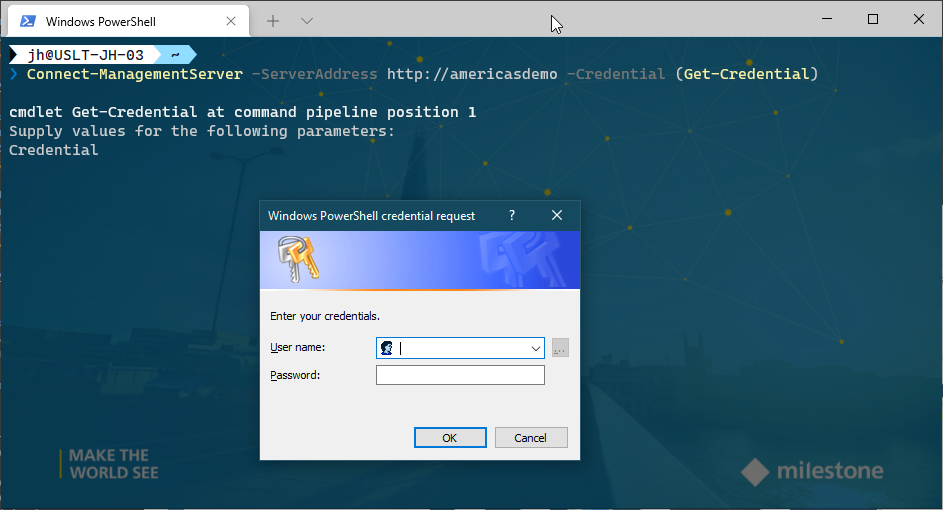 Screenshot of a PowerShell terminal showing the use of the Connect-ManagementServer command with a Windows user